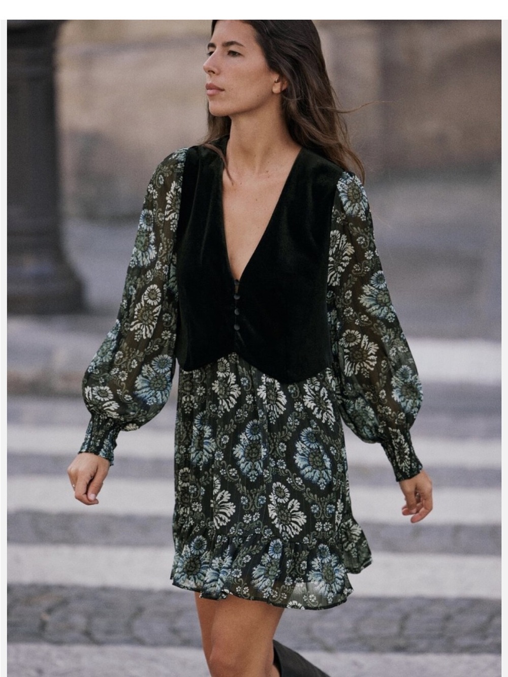 Zara Floral V-Neck Built in Velvet Vest Long Sleeve Mini Dress